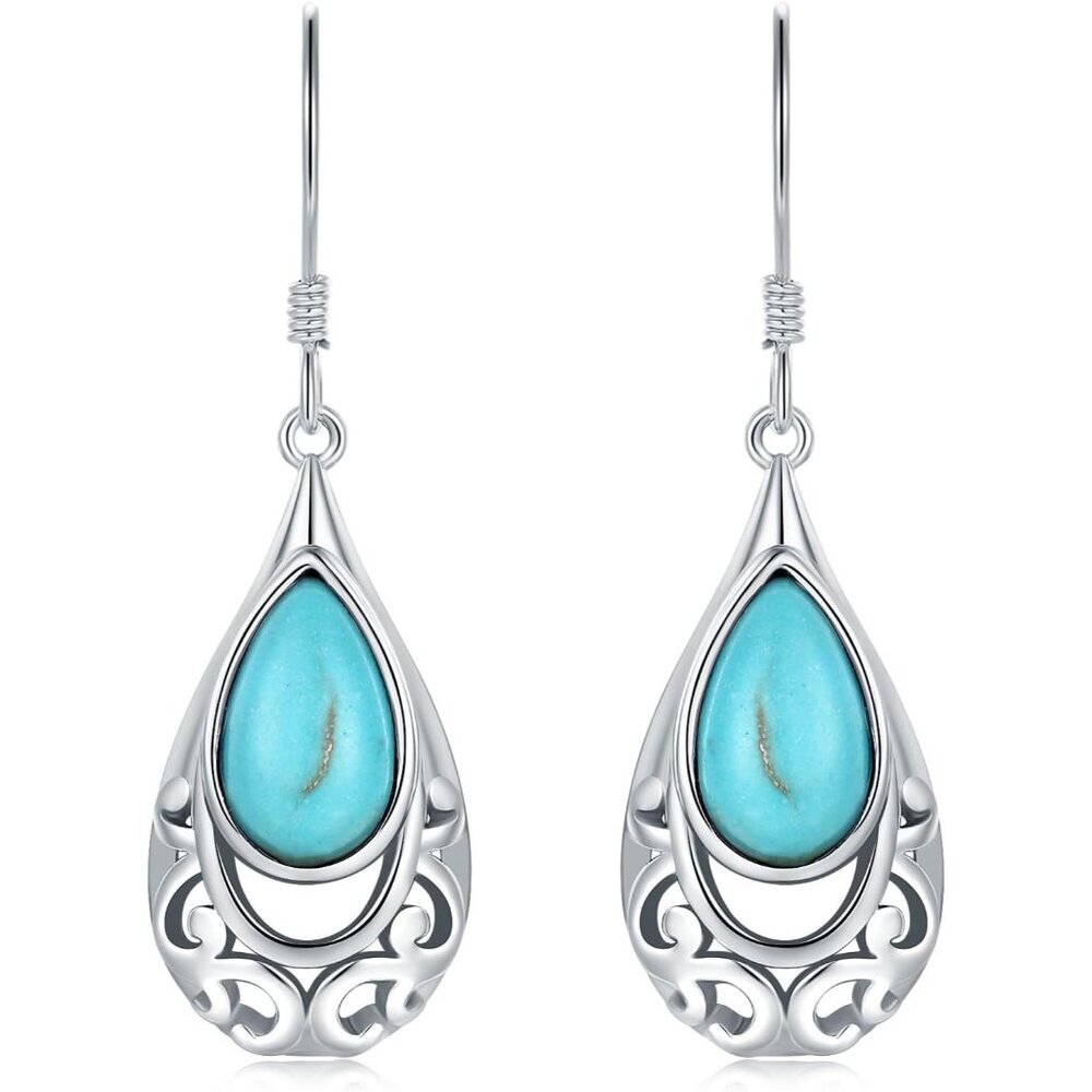 Boho Silver Teardrop Turquoise Dangle Earrings for Women - Perfect Gift Idea